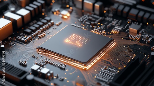 Obraz na płótnie A closeup view of a CPU chip on a motherboard with glowing circuits w salonie