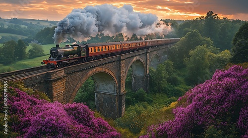 Wallpaper Mural Steam Train Crossing Bridge: A vintage steam train gracefully traverses a stone arch bridge, billowing clouds of steam as it journeys through a verdant landscape under a vibrant, colorful sky. Torontodigital.ca