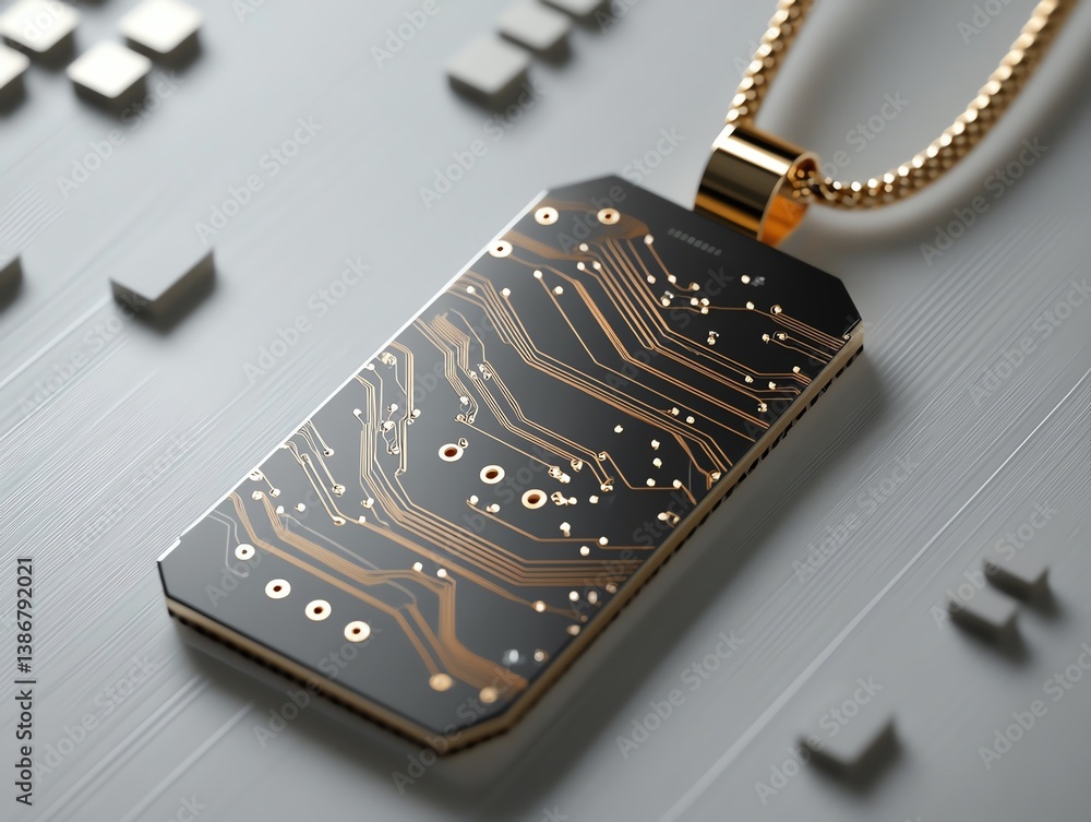 A computer chip designed as jewelry, like a pendant