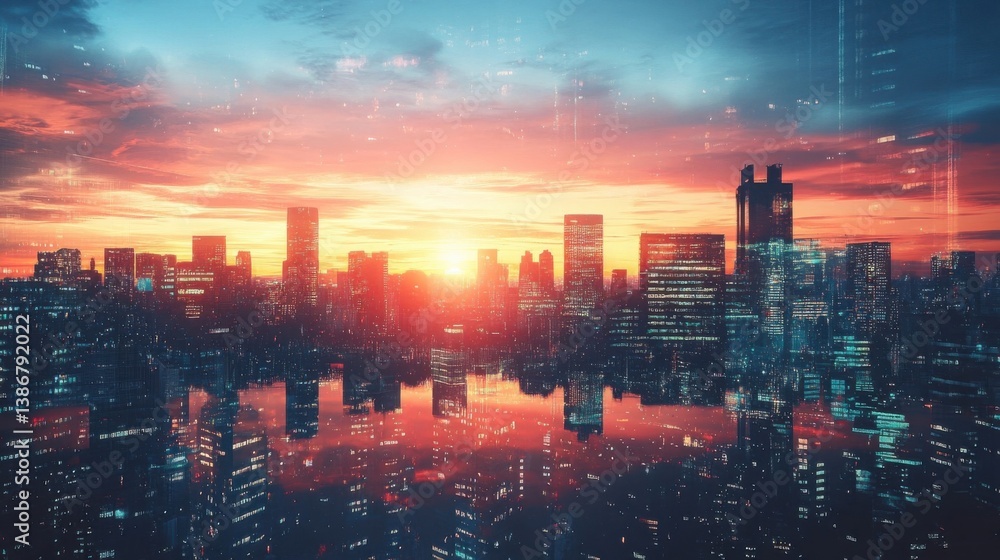 Obraz premium City Skyline Reflection at Sunset Vibrant Orange and Purple Hues