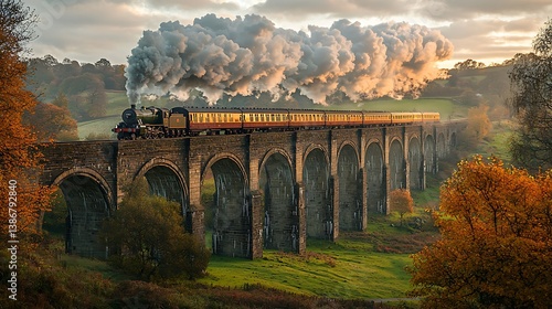 Steam Train Crossing Viaduct at Sunset: A classic steam train, billowing smoke, journeys across a historic stone viaduct in the tranquil countryside.
