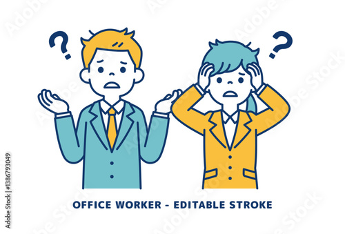 唖然とする、若い男女の会社員のベクターイラスト素材＿＿線の編集可能