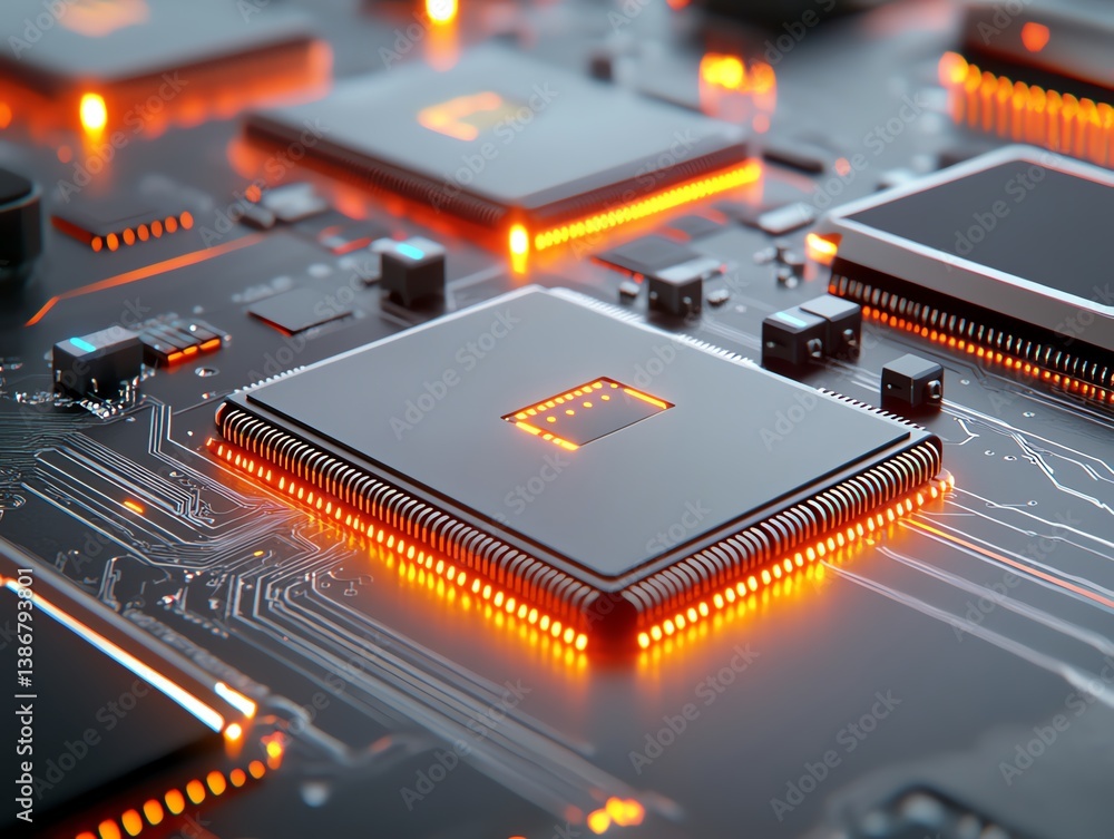 A detailed view of computer circuits glowing in the dark