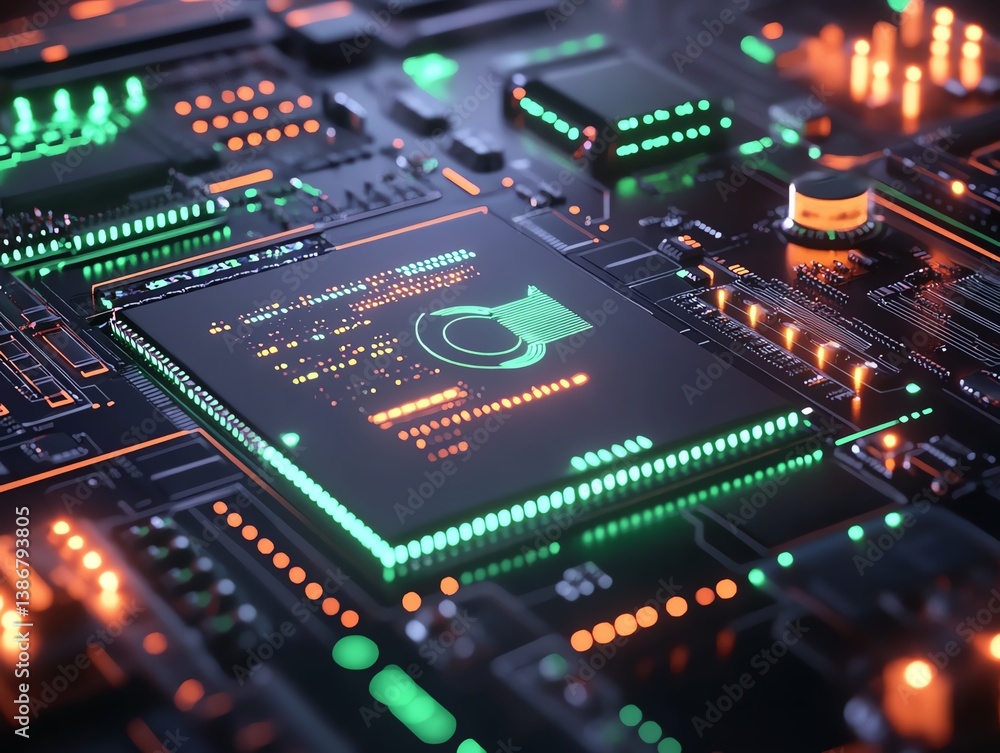 A detailed view of computer circuits glowing in the dark