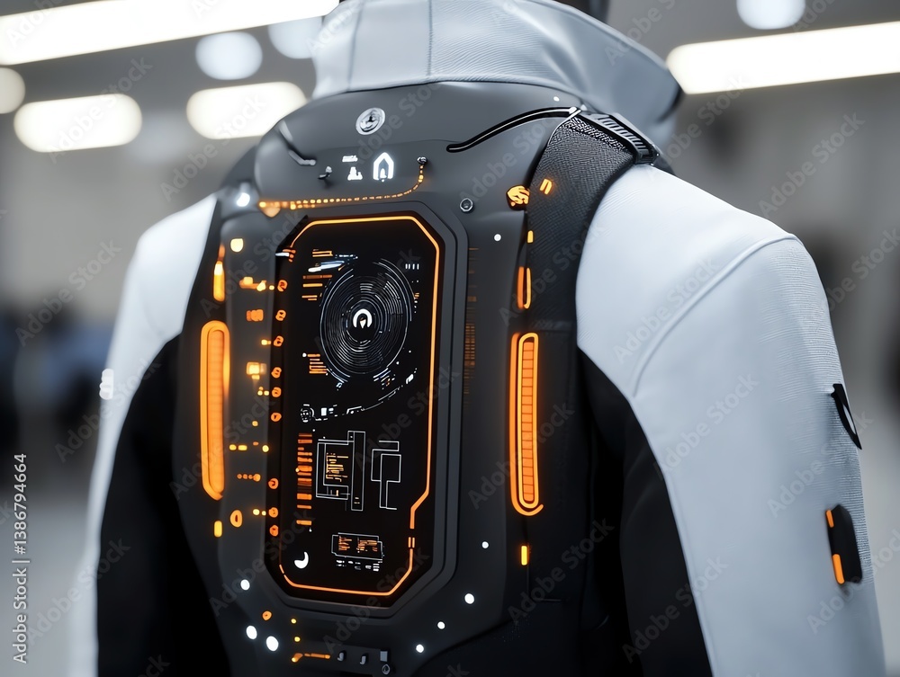 A futuristic wearable computer device integrated into a jacket