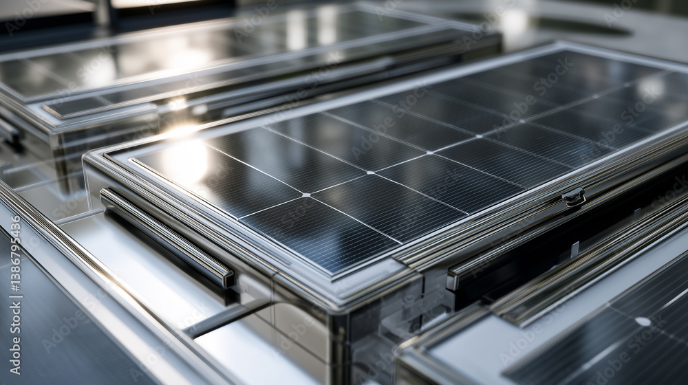 A closeup of a compact solar panel array with reflective glass and clean metal framing on a white background. A closeup of a compact solar panel array with reflective glass and clean metal framing on a white background.