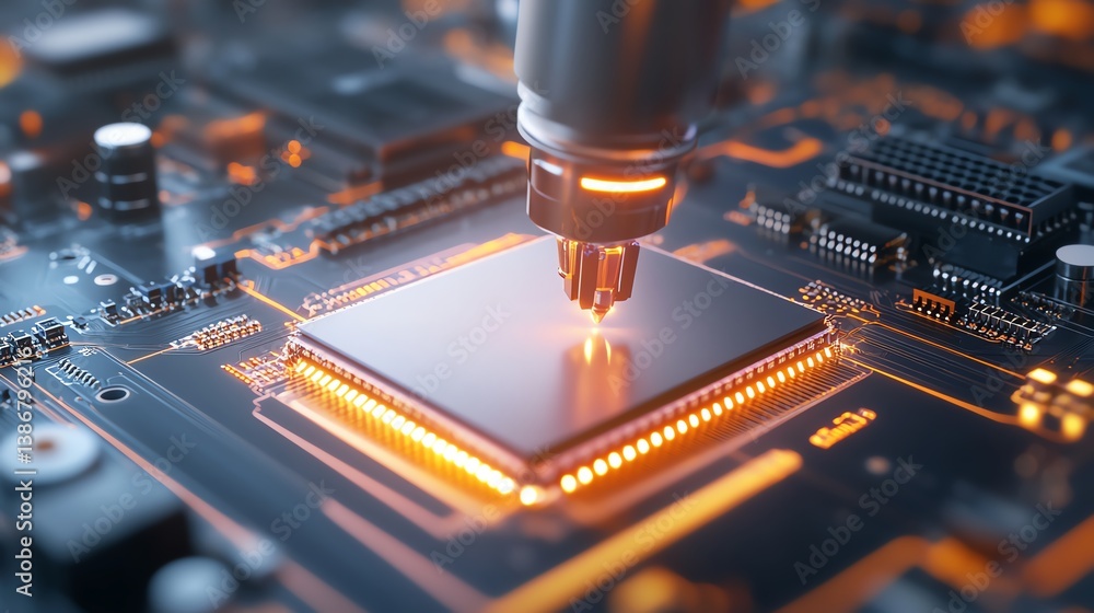 A robotic arm assembling computer components in a factory setting