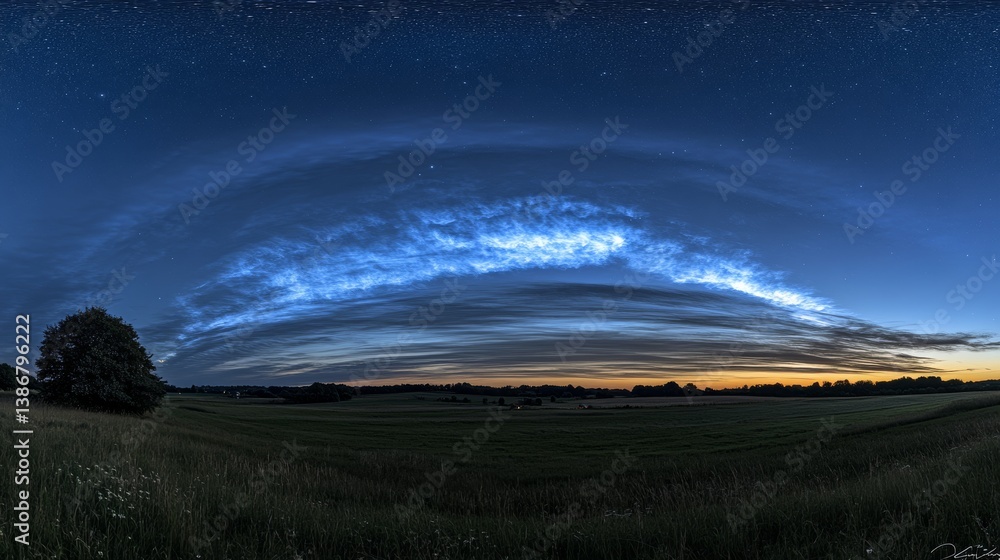 Fototapeta premium Noctilucent Cloudscape Panoramic Night Field with Stars and Twilight Glow