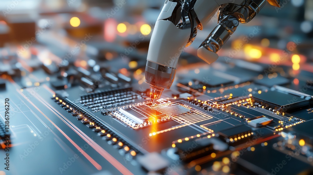 A robotic arm assembling computer components in a factory setting