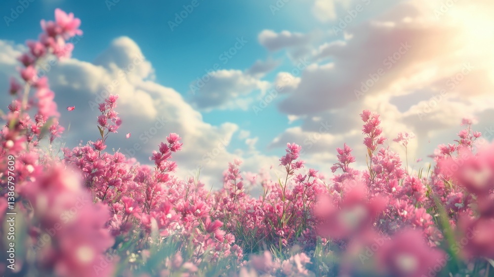 Obraz premium Beautiful close-up view of pink flowers on a field, with a sunny blue sky and clouds. illustration