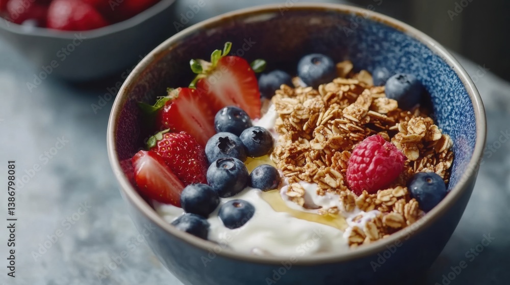 A close-up shot of a bowl of homemade granola with yogurt and berries. Featuring balance and health A close-up shot of a bowl of homemade granola with yogurt and berries. Featuring balance and health