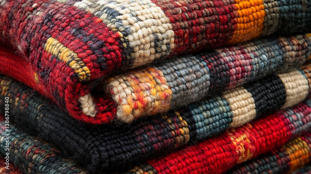 Stack of Colorful Woven Rugs Handcrafted Textile Textures Ethnic Home Decor Close up Detail Stack of Colorful Woven Rugs Handcrafted Textile Textures Ethnic Home Decor Close up Detail