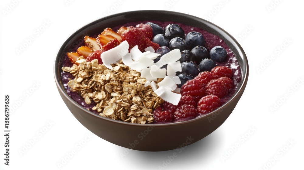 A colorful bowl of acai with granola, coconut flakes, and berries. Featuring health and vibrancy A colorful bowl of acai with granola, coconut flakes, and berries. Featuring health and vibrancy