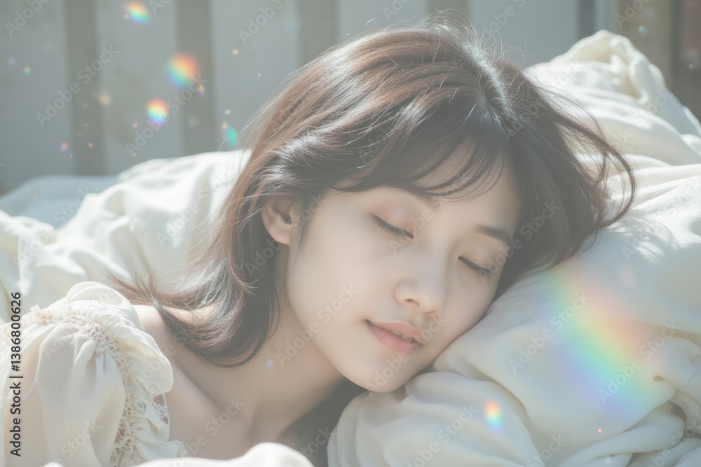Peaceful Asian Woman Sleeping in Bed with Soft Light and Rainbow Prism Effect - Serene Relaxation Concept Peaceful Asian Woman Sleeping in Bed with Soft Light and Rainbow Prism Effect - Serene Relaxation Concept