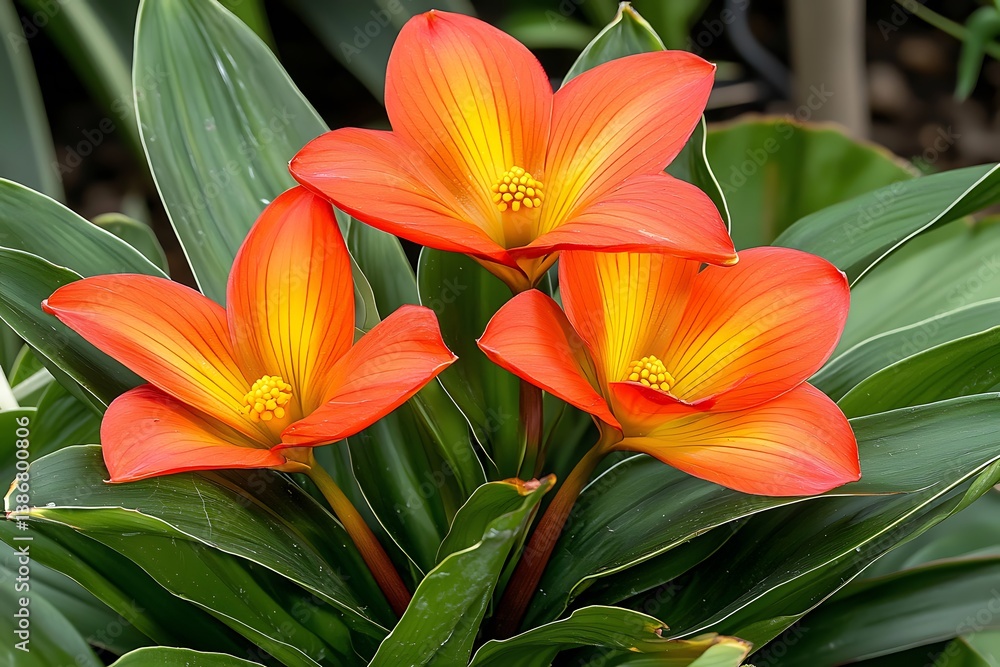 Obraz premium Vibrant Orange Flowers with Bright Petals Surrounded by Green Leaves