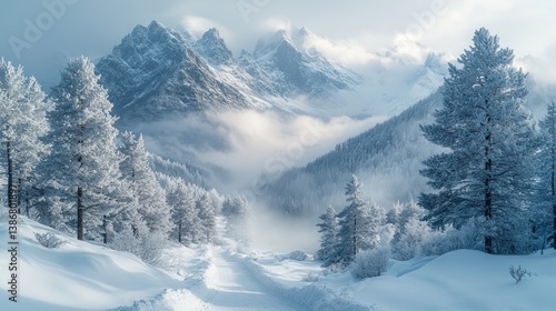 Wallpaper Mural Snowy mountain path, frosted pines, misty valley, winter wonderland Torontodigital.ca
