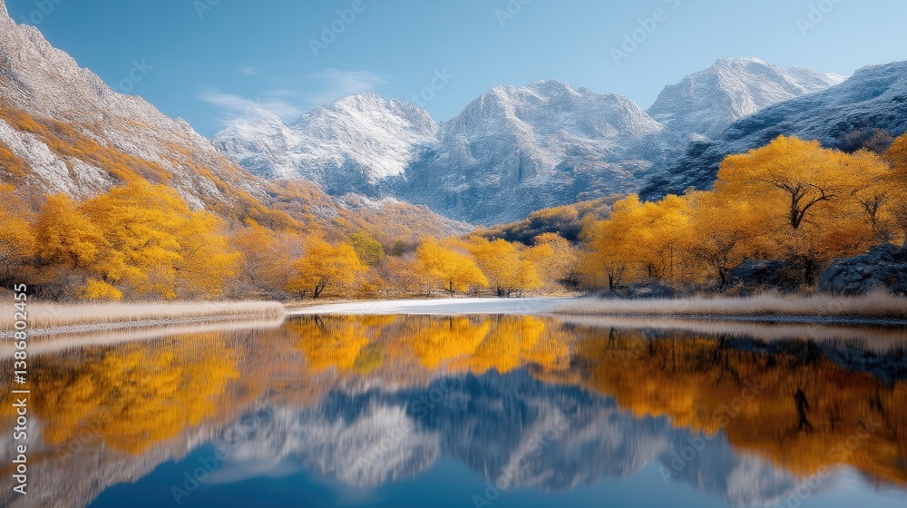 Obraz premium A serene lake reflects golden autumn trees and snow-capped mountains. The composition features a calm lake mirroring the vibrant foliage and majestic peaks. High-resolution image with sharp details a