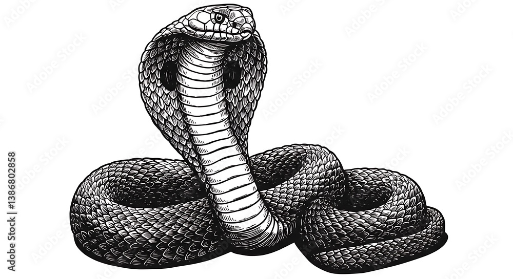 Fototapeta premium Intricate Line Art Illustration: Majestic Cobra in a Hooded Pose AI Generated