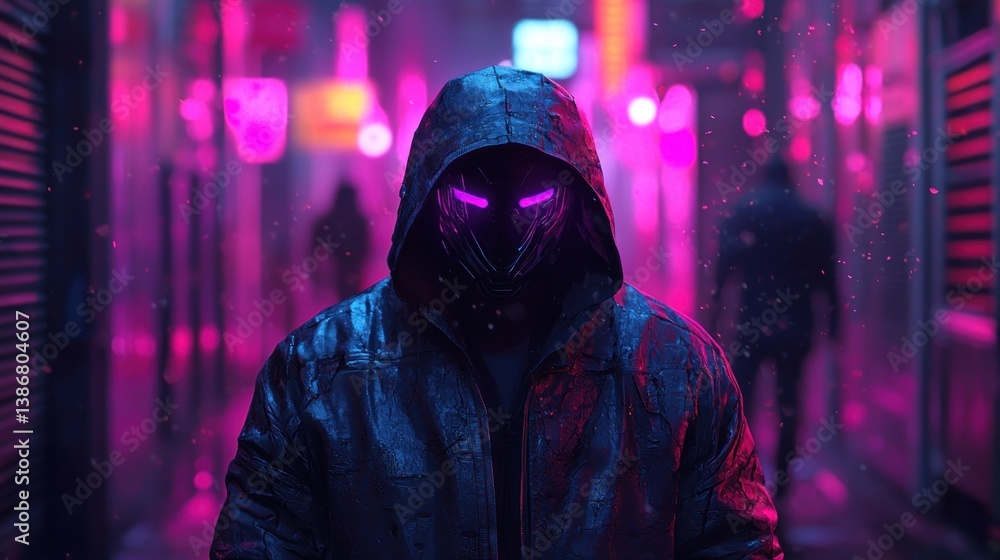Neon City Cyberpunk: Masked Figure in a Rain-Soaked Alley Neon City Cyberpunk: Masked Figure in a Rain-Soaked Alley