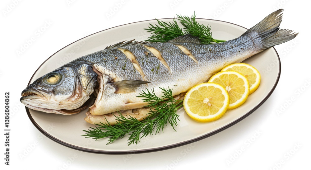 Delicious Roasted Sea Bass with Lemon and Dill Garnish on Oval Plate Delicious Roasted Sea Bass with Lemon and Dill Garnish on Oval Plate