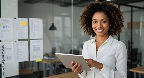 A young woman with curly hair smiles while using a tablet in a modern office.