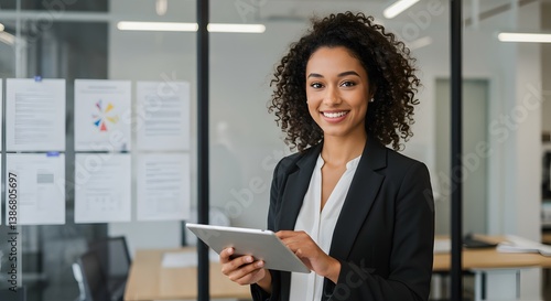 A woman with curly hair smiles while using a tablet in a modern office.