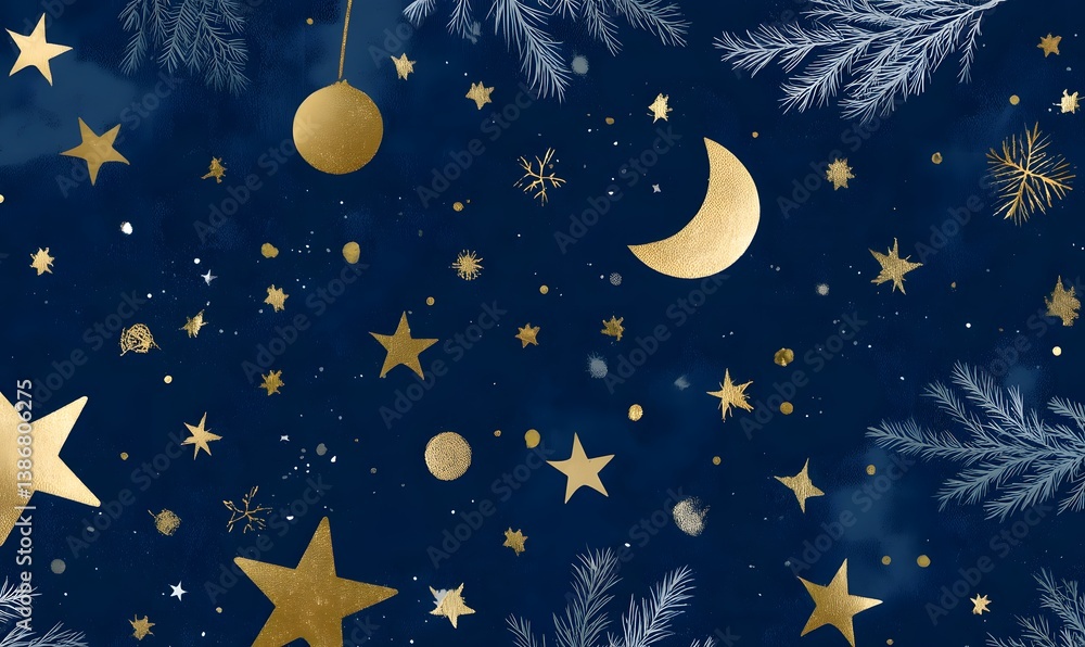 Fototapeta premium moon, stars in a gold and midnight blue colour theme, Generative AI