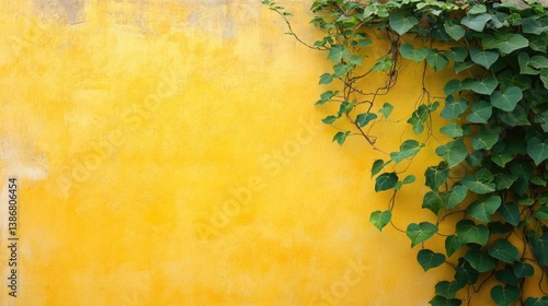 Mexican colonial yellow wall background with vine plant