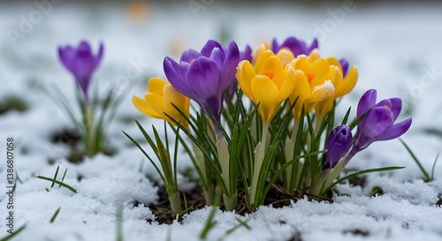 Spring's First Bloom: Crocuses in the Snow AI Generated