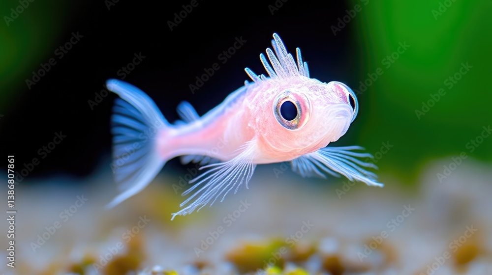 Fototapeta premium Pink Fish with Spines, Aquatic Scene, High-resolution Macro Shot, Close-up View, Delicate Fins, Swimming in Tank, Underwater World, Pale Pink Hues, Nature Photography