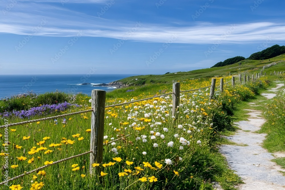 Fototapeta premium Coastal path winding through colorful wildflowers overlooking the ocean in spring