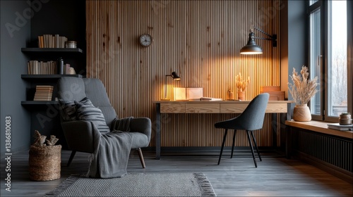 Wallpaper Mural Minimalist home office with wooden backdrop and warm tones, showcasing cozy productivity. Torontodigital.ca