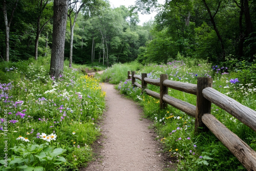 Gravel path winding through colorful wildflowers in a peaceful forest Gravel path winding through colorful wildflowers in a peaceful forest