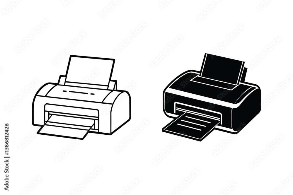 Printer Vector Illustration In Black And White Simple Line Art Design Printer Vector Illustration In Black And White Simple Line Art Design