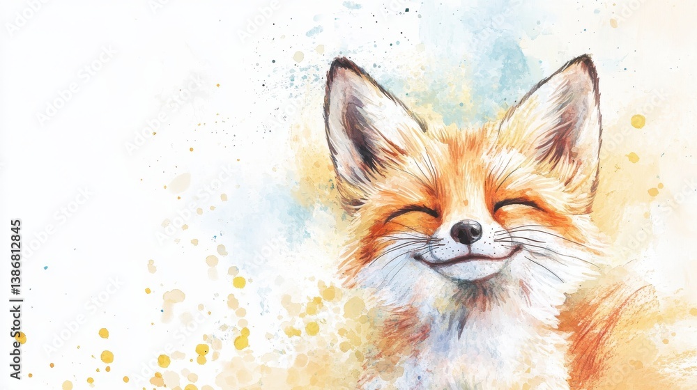 Obraz premium Adorable watercolor illustration of a smiling fox, perfect for art prints and nature-themed designs. illustration