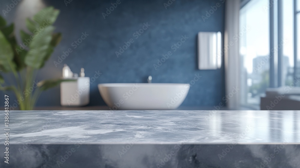 3D rendering of an empty marble top table with a blurred bathroom interior background for product display montage illustration 3D rendering of an empty marble top table with a blurred bathroom interior background for product display montage illustration