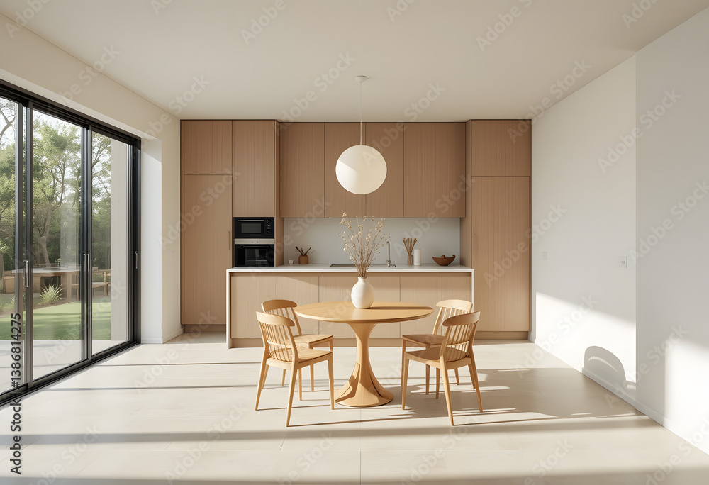 Fototapeta premium Modern Minimalist Kitchen with Island and Scenic Mountain View