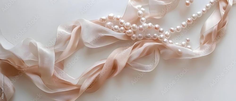 Elegant Silk Ribbon and Pearls on Soft Background for Decoration Elegant Silk Ribbon and Pearls on Soft Background for Decoration