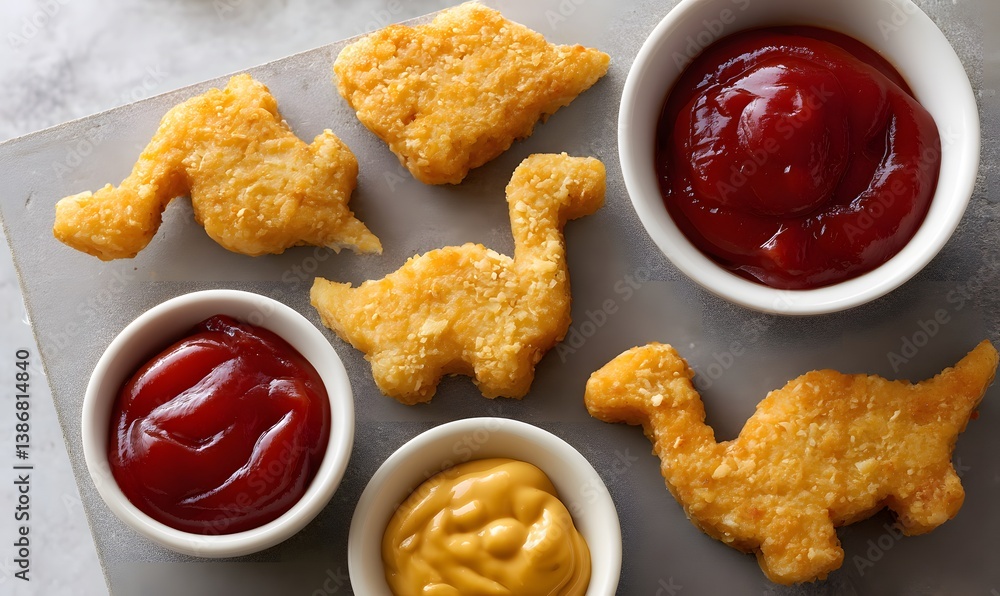 Fototapeta premium dinosaur shaped chicken nuggets with ketchup and mustard, Generative AI