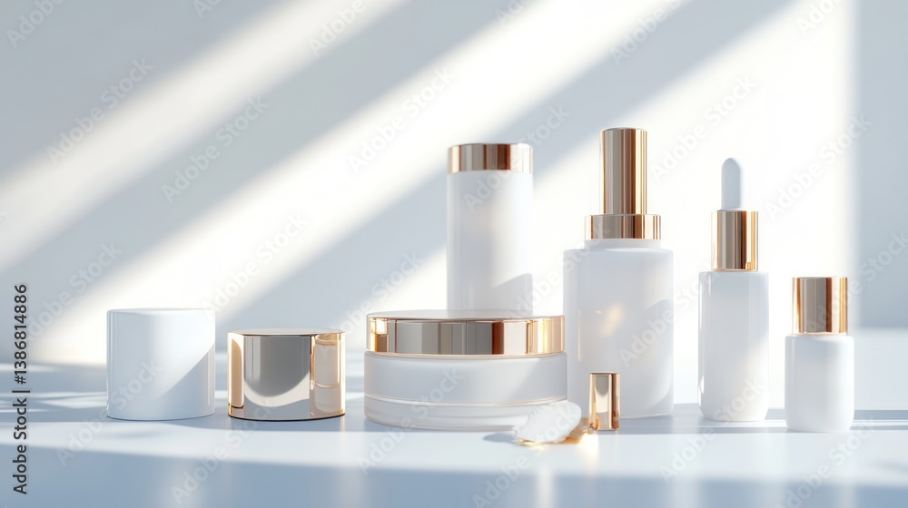 White cosmetic bottles and jars on a white surface with sunlight. Use for beauty product ads White cosmetic bottles and jars on a white surface with sunlight. Use for beauty product ads