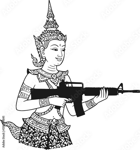 A line art illustration of a traditional Thai dancer, depicted with ornate clothing and headdress, holding an assault rifle.