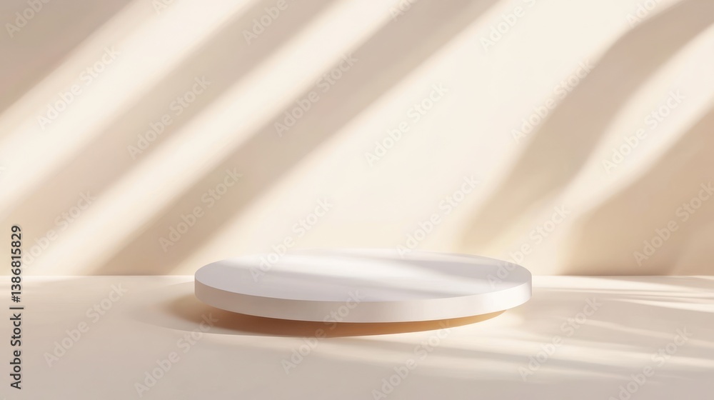 Empty white podium, sunlit beige wall, minimalist display Empty white podium, sunlit beige wall, minimalist display