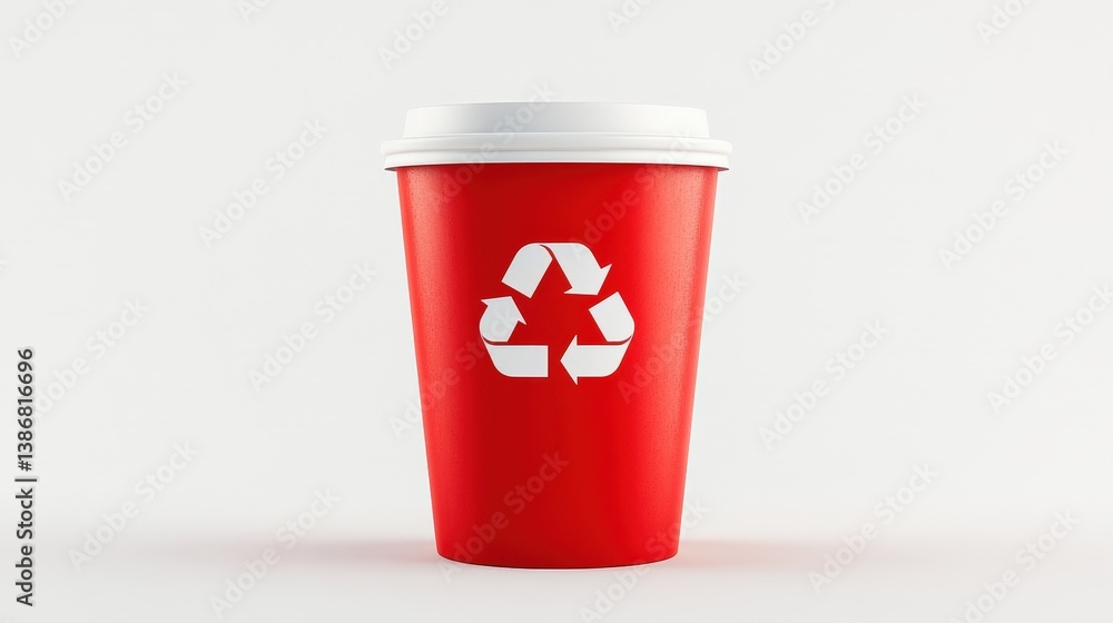 A red recyclable cup featuring a white recycling symbol against a plain background, promoting eco-friendliness and sustainable practices. A red recyclable cup featuring a white recycling symbol against a plain background, promoting eco-friendliness and sustainable practices.