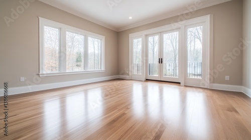 Empty room with hardwood floors, large windows and French doors