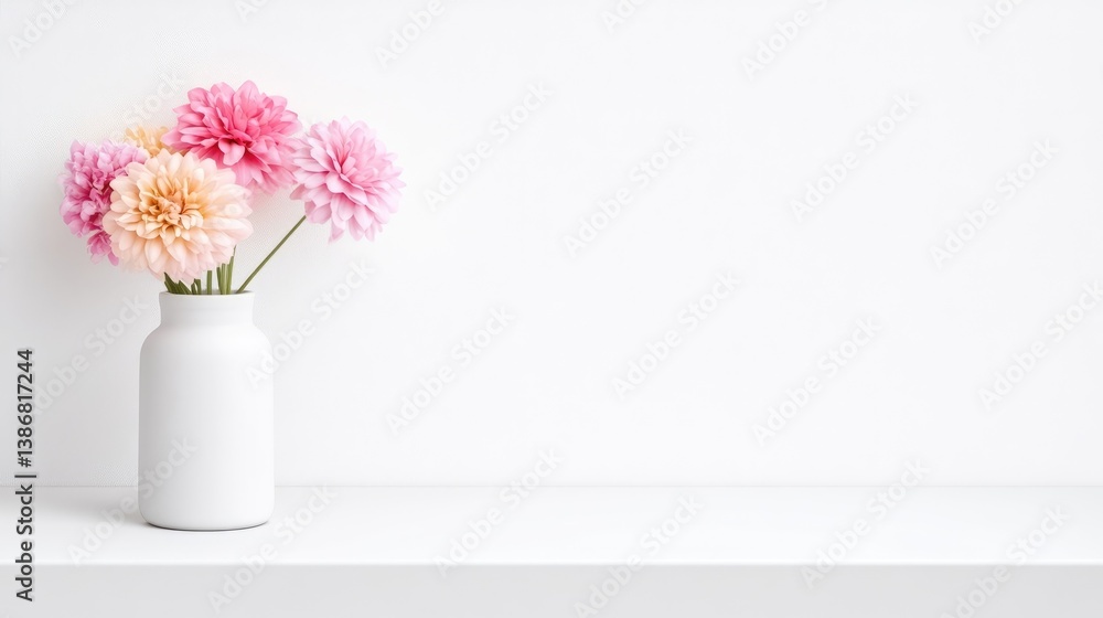 A white vase with pink and peach flowers on a minimalist white shelf, simple and elegant composition, and indoor decor concept. A white vase with pink and peach flowers on a minimalist white shelf, simple and elegant composition, and indoor decor concept.