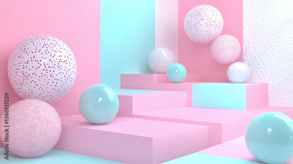 Abstract Geometric Composition with Pastel Spheres and Stairs Abstract Geometric Composition with Pastel Spheres and Stairs
