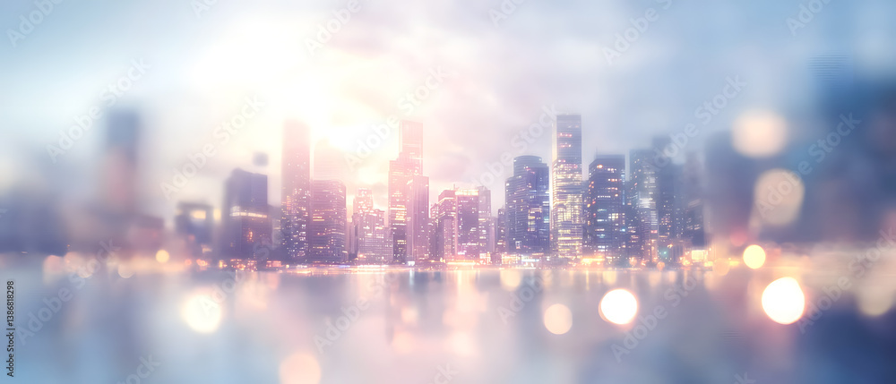 Modern city skyline with bright lights and soft focus effects Modern city skyline with bright lights and soft focus effects