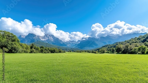 Lush Green Meadow Mountain Range Vivid Landscape High Definition Wide Angle View Serene Pastoral Scene Majestic Peaks Bright Sunny Day Ideal for Travel Brochures