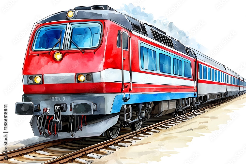Red and Blue Train on Railroad Tracks in Vibrant Watercolor Style Red and Blue Train on Railroad Tracks in Vibrant Watercolor Style