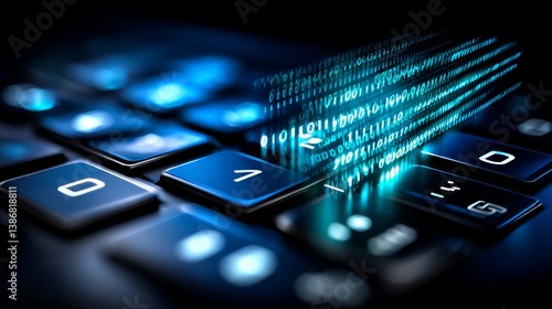 Close-up keyboard with binary code effect, illuminated in blue light. Depth of field blurs the background